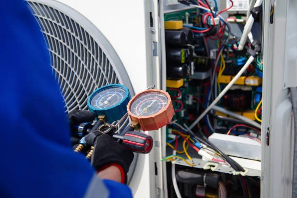 Technician using manifold gauges to diagnose an air conditioning system